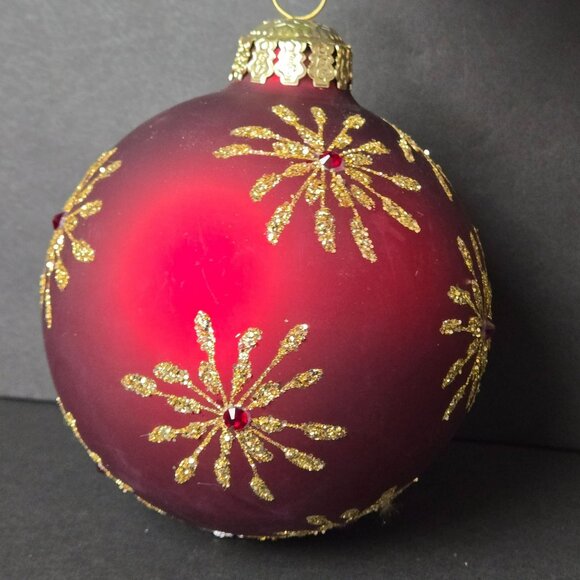 Frontgate Red Gold Glass Christmas Ornament 4" Glitter Starburst Jeweled Holiday - Picture 3 of 6